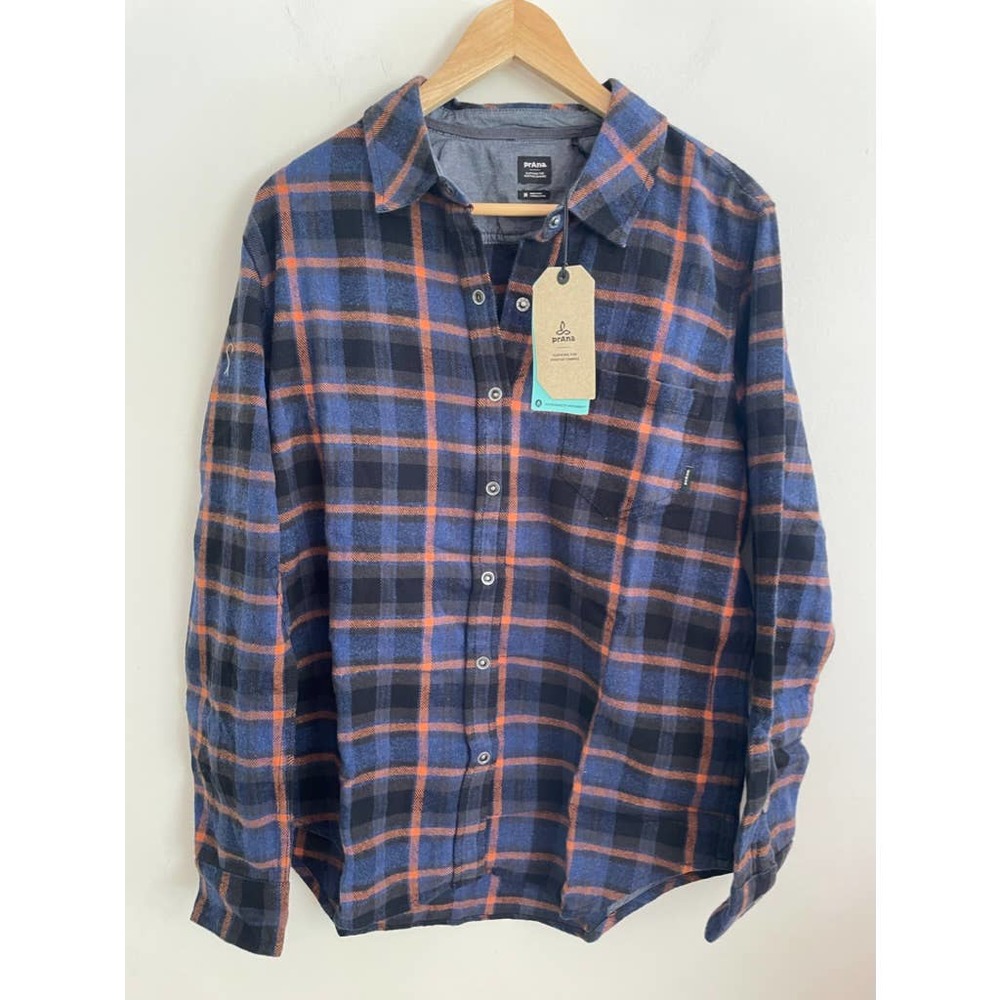 prAna NEW Golden Canyon Flannel Rich Sapphire Plaid Snap Front Women's Shirt Lg